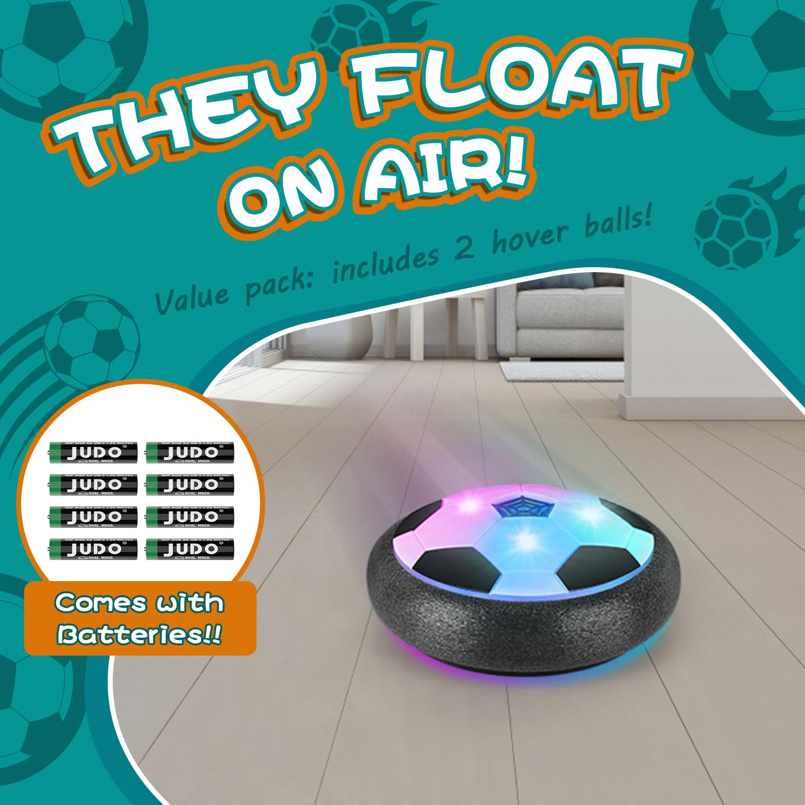 Ocditikl 2 Pack Hover Soccer Ball with 8 Pcs Batteries, Air Floating Soccer Toy with LED Lights & Foam Bumper, Indoor Games for Kids 4-8-12, Birthday