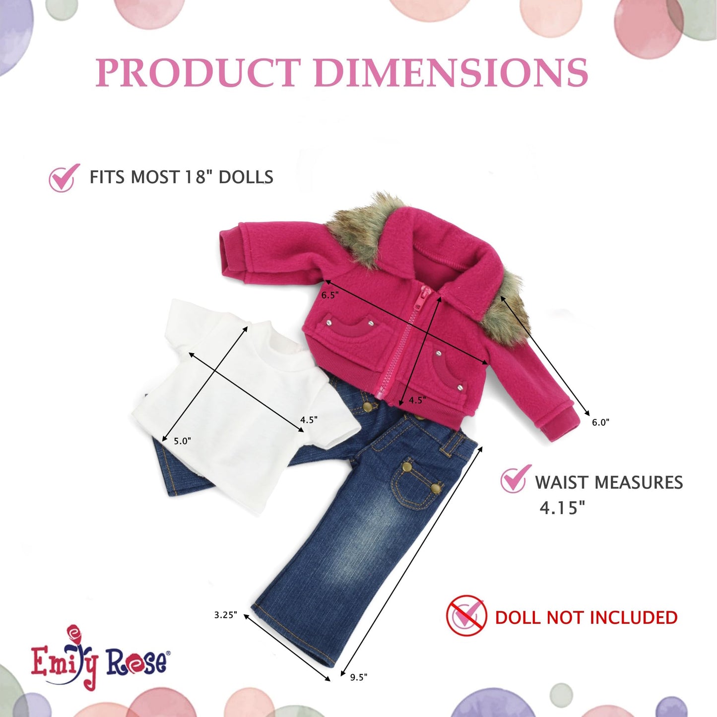 Emily Rose 18" Doll Pink Jacket Outfit Set - 3-Piece Faux Fur Collar Winter Coat with White Tee & Blue Jeans - Gift Boxed Clothes for 18 Inch Dolls