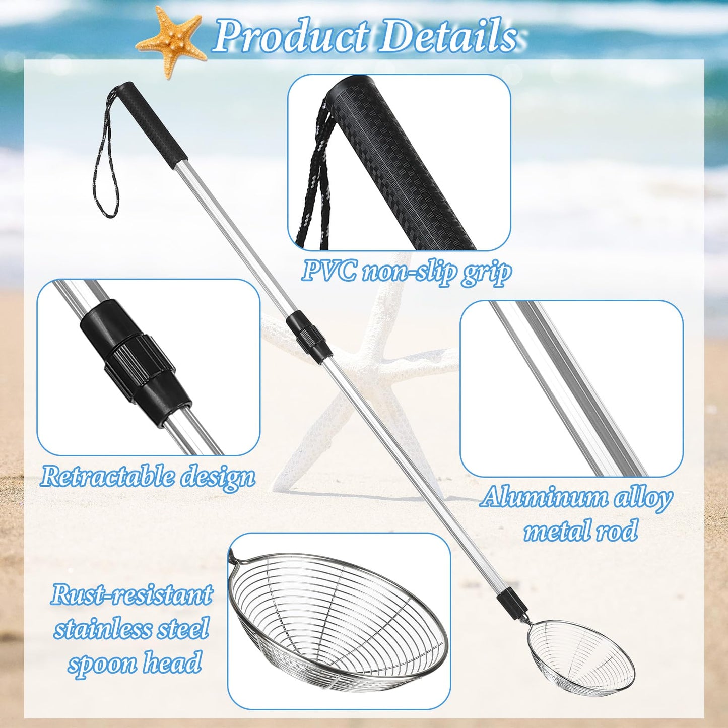 Agolctry 2 Pack Sand Sifter for Beach Shell Scooper with Seashell Bag and Sand Shovel Adjustable Shark Teeth Sifter Shelling Tools for Beach Seashell