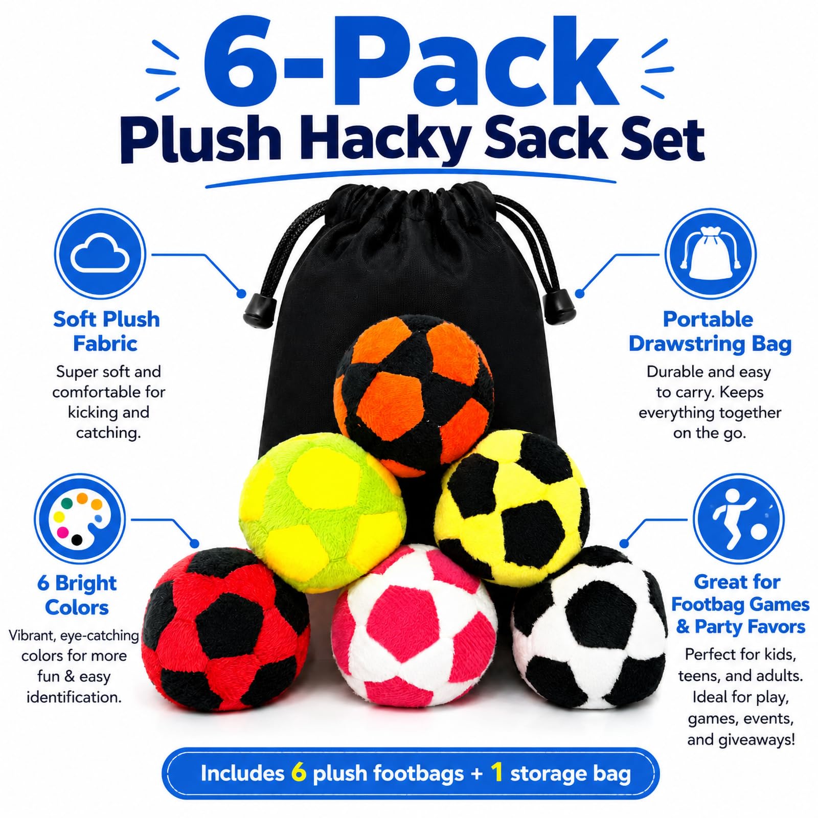 Klysuron 6 Pack Soft Plush Footbags, 32 Panel Hacky Sack, 6cm/2.36in