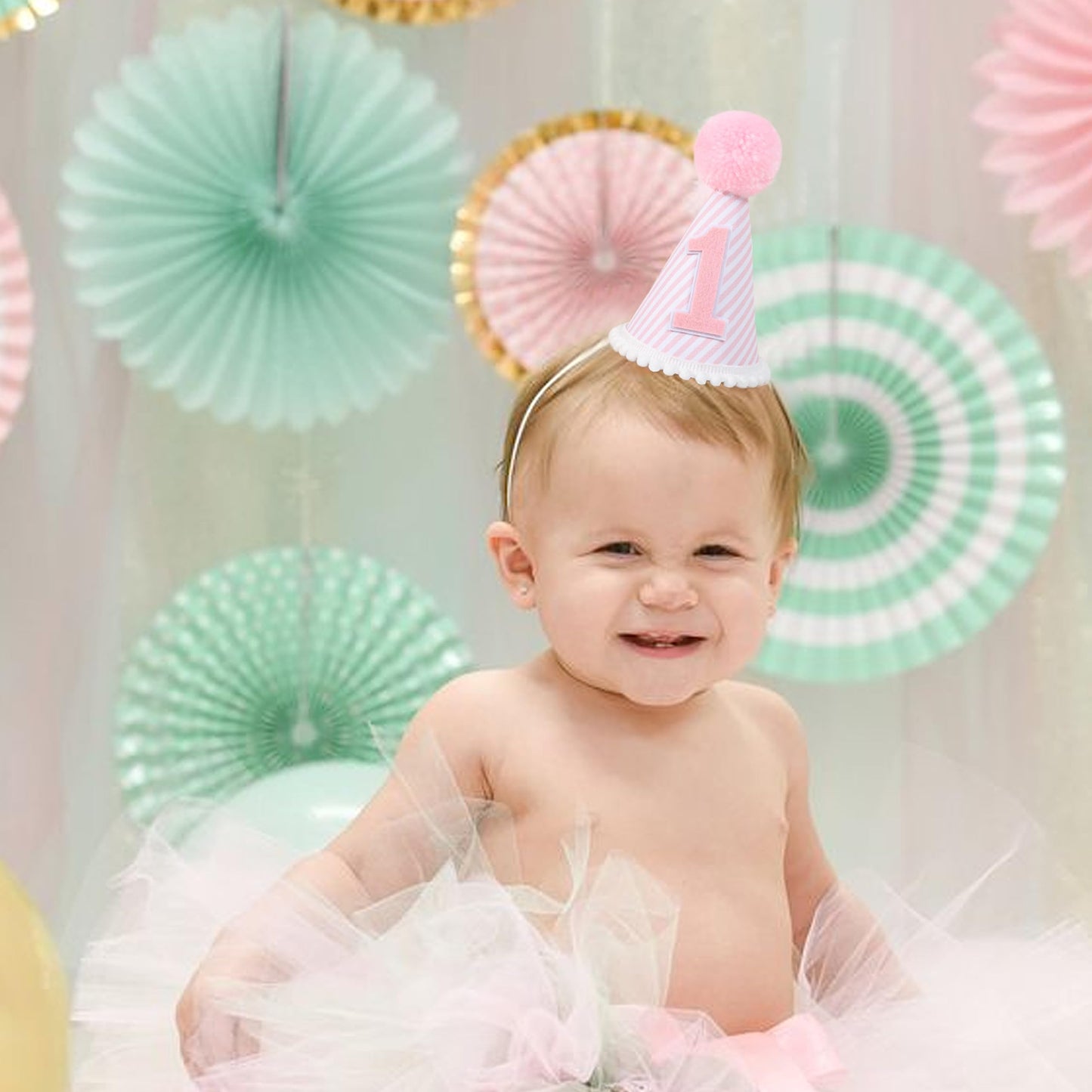 Pink & White First Birthday Party Hat - Girl's 1st Birthday Crown with Photo Props for Decorations and Dressing