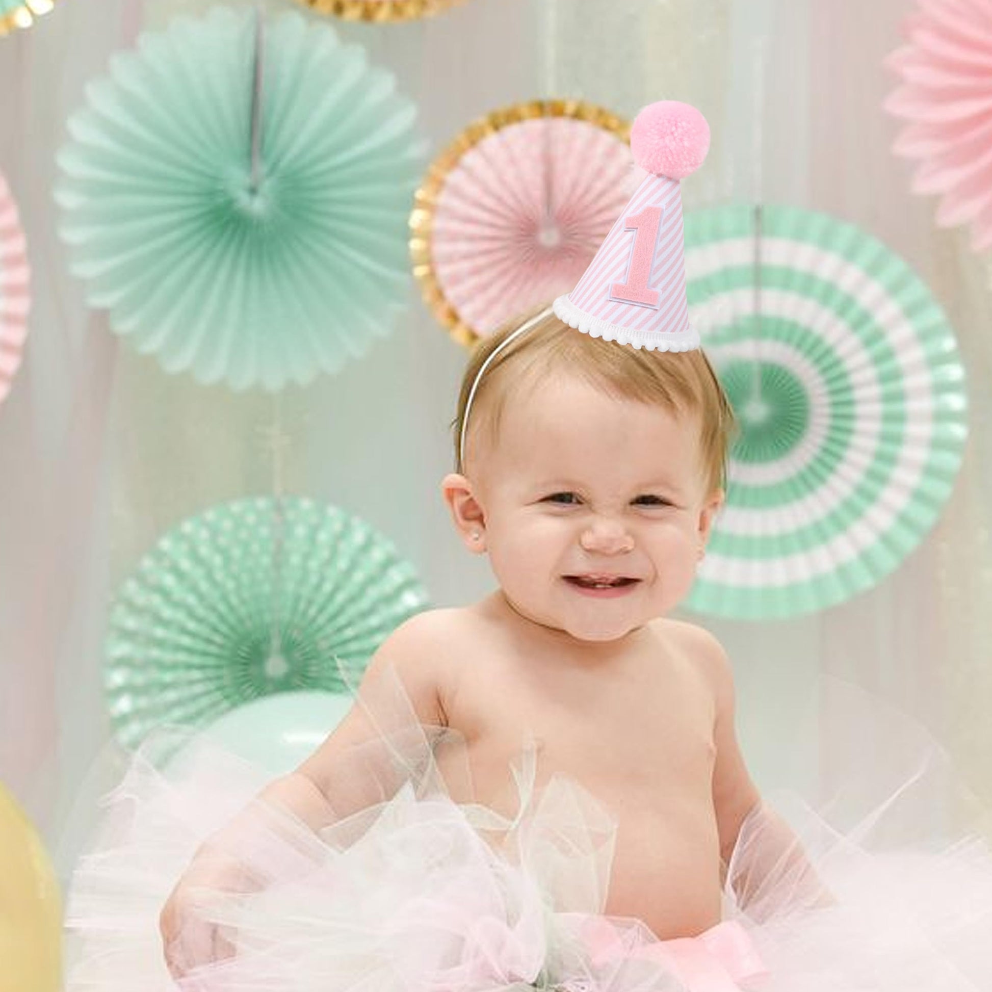 Pink & White First Birthday Party Hat - Girl's 1st Birthday Crown with Photo Props for Decorations and Dressing