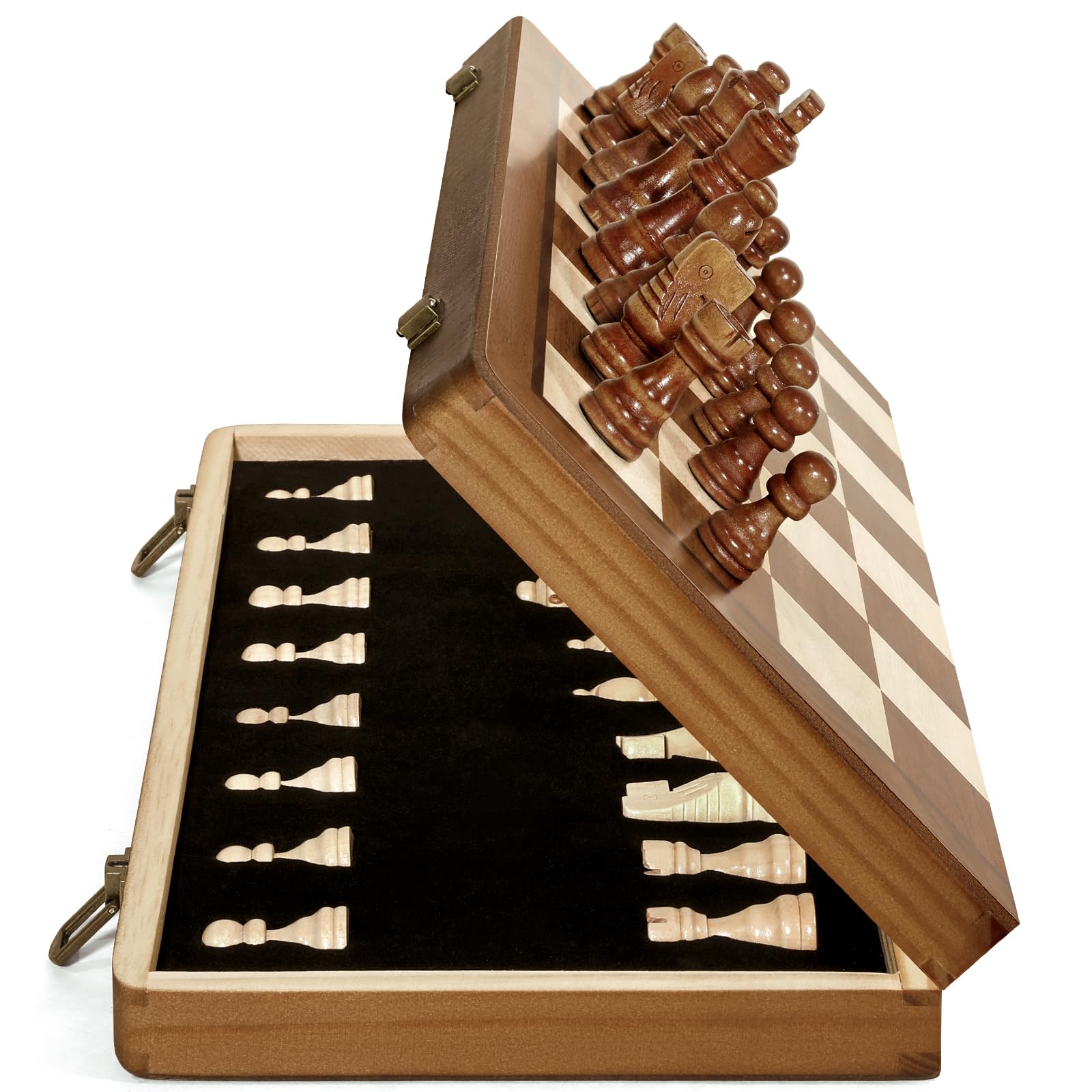 Durpeak Magnetic Wooden Chess Set, 2 Extra Queens, 15'' Folding Portable Travel Chessboard with Chess Pieces Storage Slots for Professional Tournament