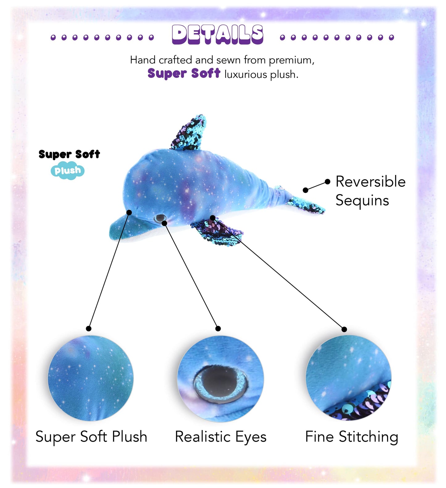 DolliBu Space Sequin Plush - Reversible Dolphin Stuffed Animal, Space-Themed Cute Stuffed Animal for Room Decor - 12 Inches