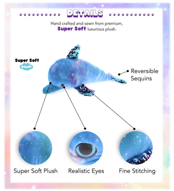 DolliBu Space Sequin Plush - Reversible Dolphin Stuffed Animal, Space-Themed Cute Stuffed Animal for Room Decor - 12 Inches