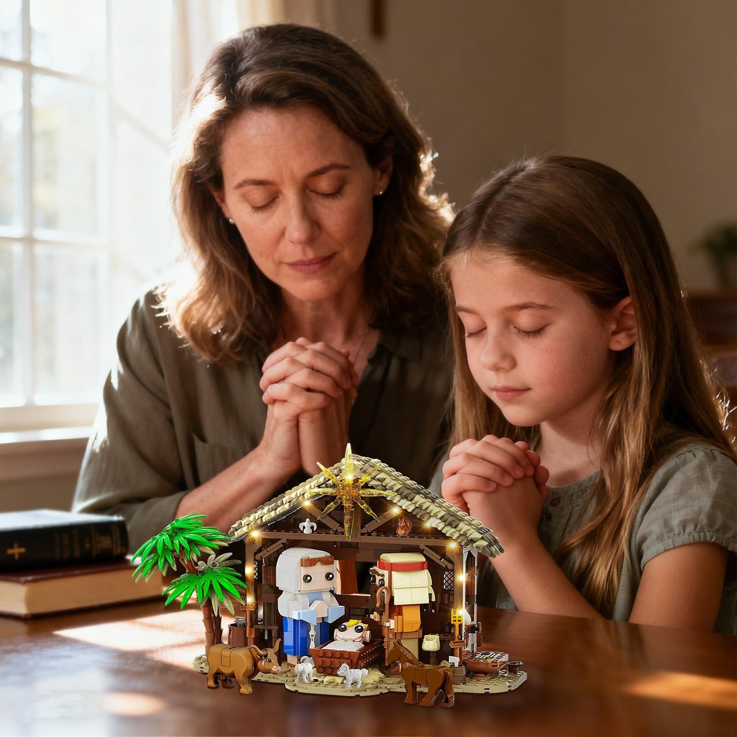 Jesus Nativity Building Set with Lights, 1000PCS Nativity Blocks Compatible with Lego, Holy Family & Animals, Great Easter, Christian, Birthday Gift