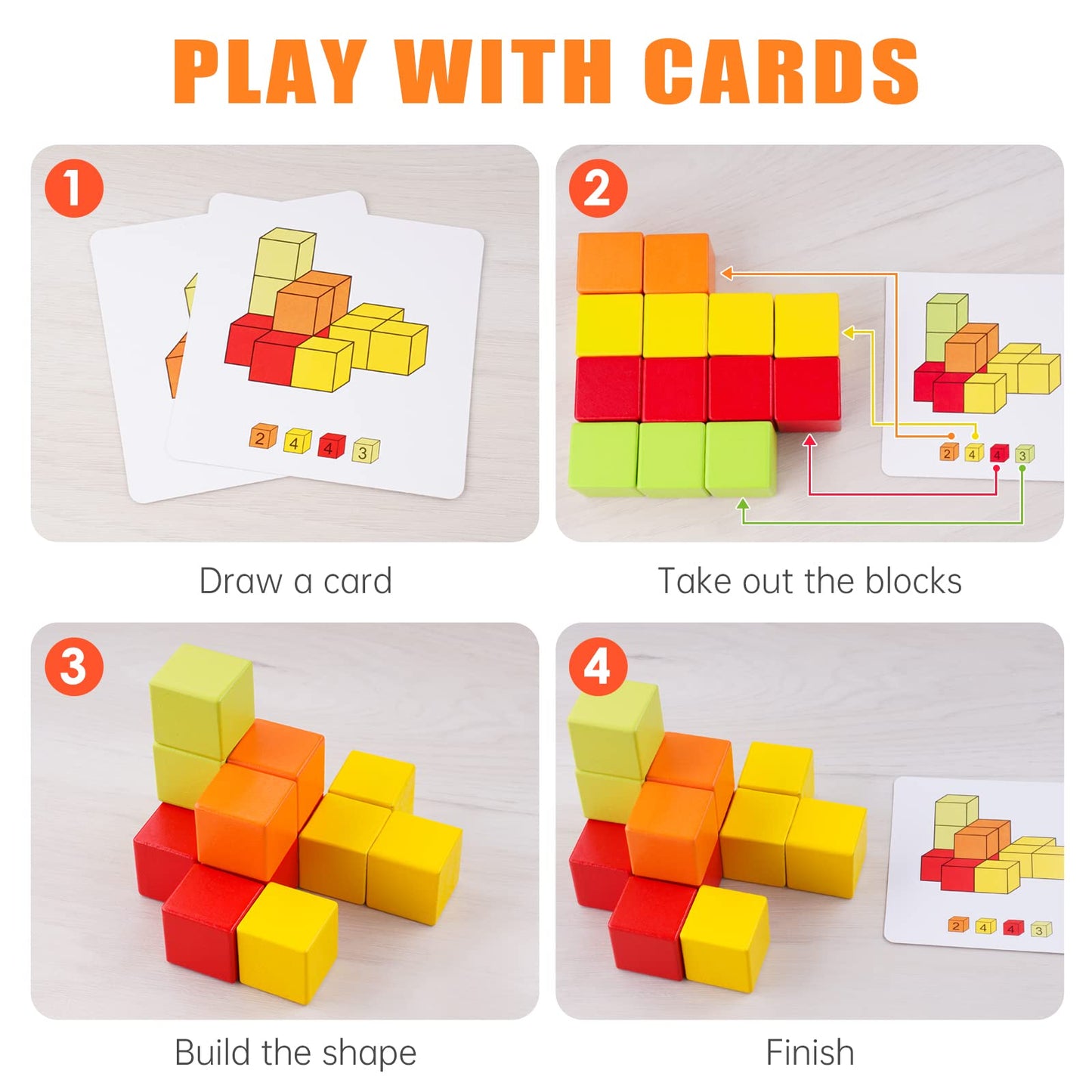NiToy Wooden Cube Toy 16PCS Building Blocks for Kids 40 Pattern Cards and Storage Pouch, 4 Colors 3D Space Stacking Game STEM Educational Preschool