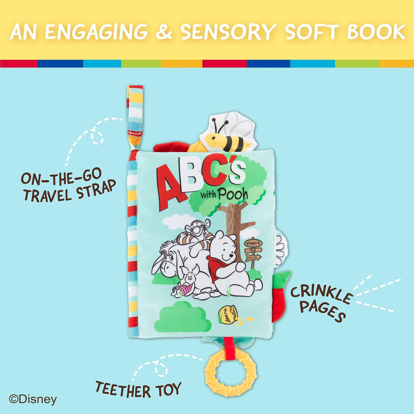 Kids Preferred Disney Baby Winnie The Pooh Deluxe Soft Book Abc's with Pooh On-The-Go Sensory Books for Babies with Crinkle Pages and BPA Free Teether