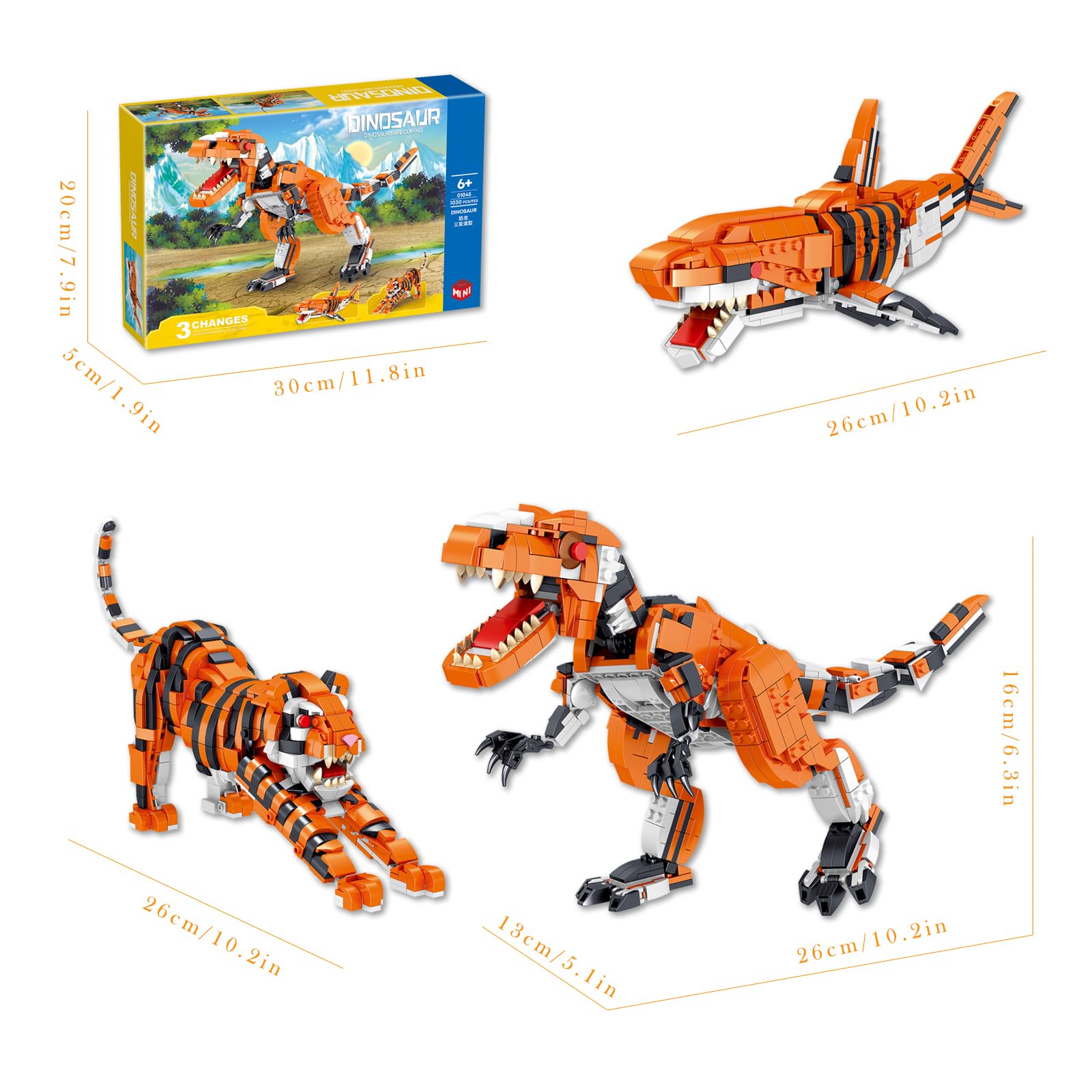 CAXIMSY Creator 3 in 1 Animal Building Block Set 1030 Pcs Transformable Dinosaur Tiger & Shark Model Kit for Adults and Teens Wildlife Figure Desktop