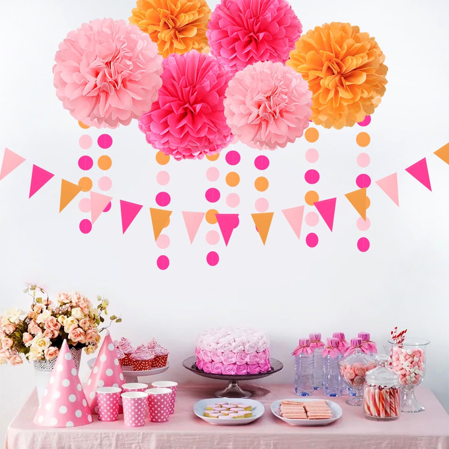 Hot-Pink Burnt-Orange Fall Party Decorations - 23pcs Birthday Baby Shower Tissue Pom Poms Streamers,Sunset Autumn Thanksgiving Tassel Garland