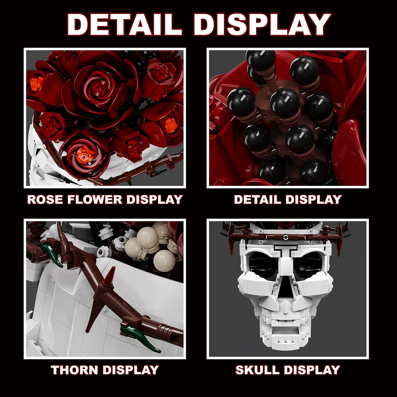 GHQYTPR Gothic Skull Rose Building Block Set 1249 Pcs Skeleton Flower Bouquet Model Kit for Adults & Teens Dark Aesthetic Room Decor Unique Halloween