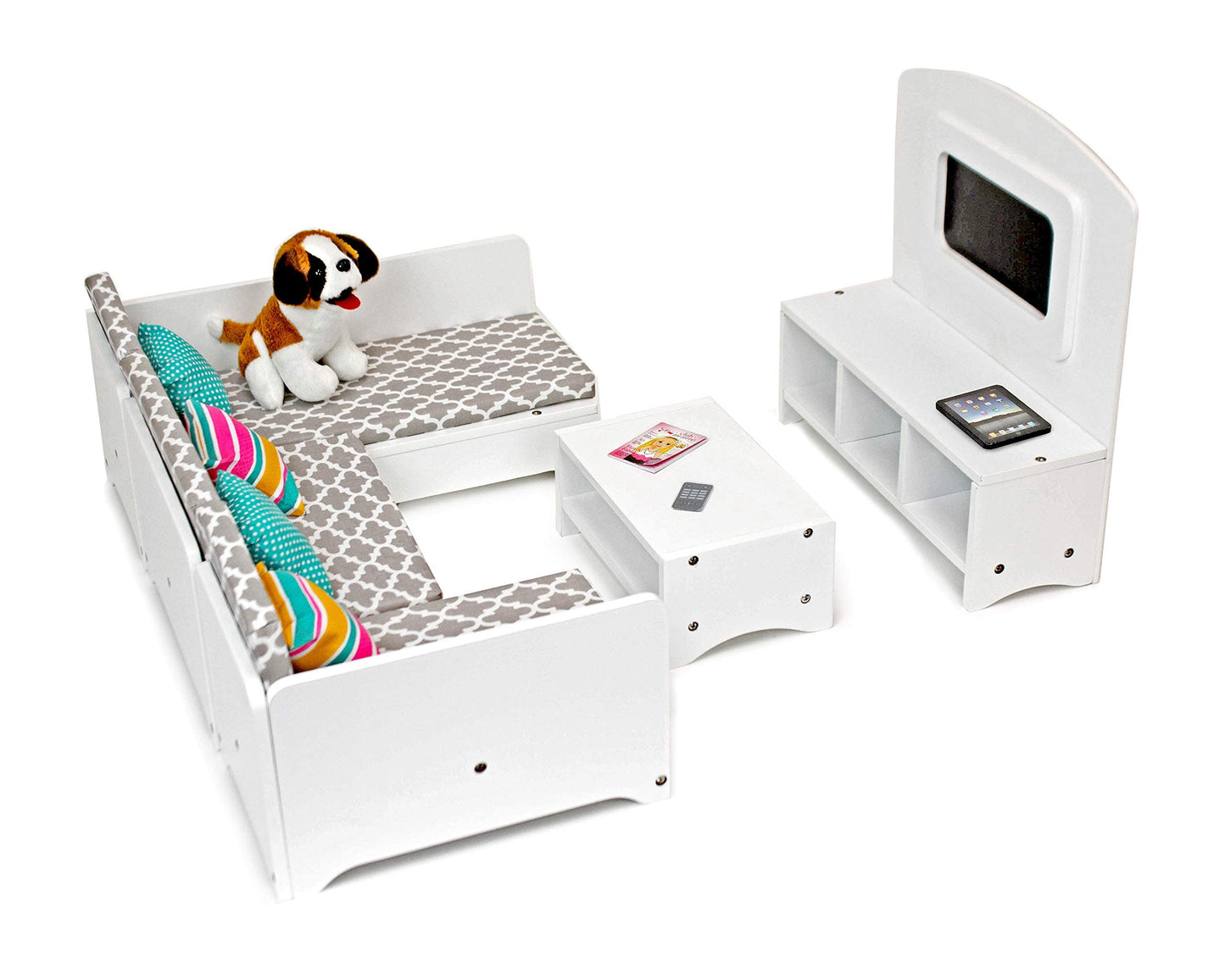 Playtime by Eimmie 18 Inch Doll Furniture Couch & Living Room Set - Wooden Playset with TV & Pet Accessories, Fits American, Generation, My Life &
