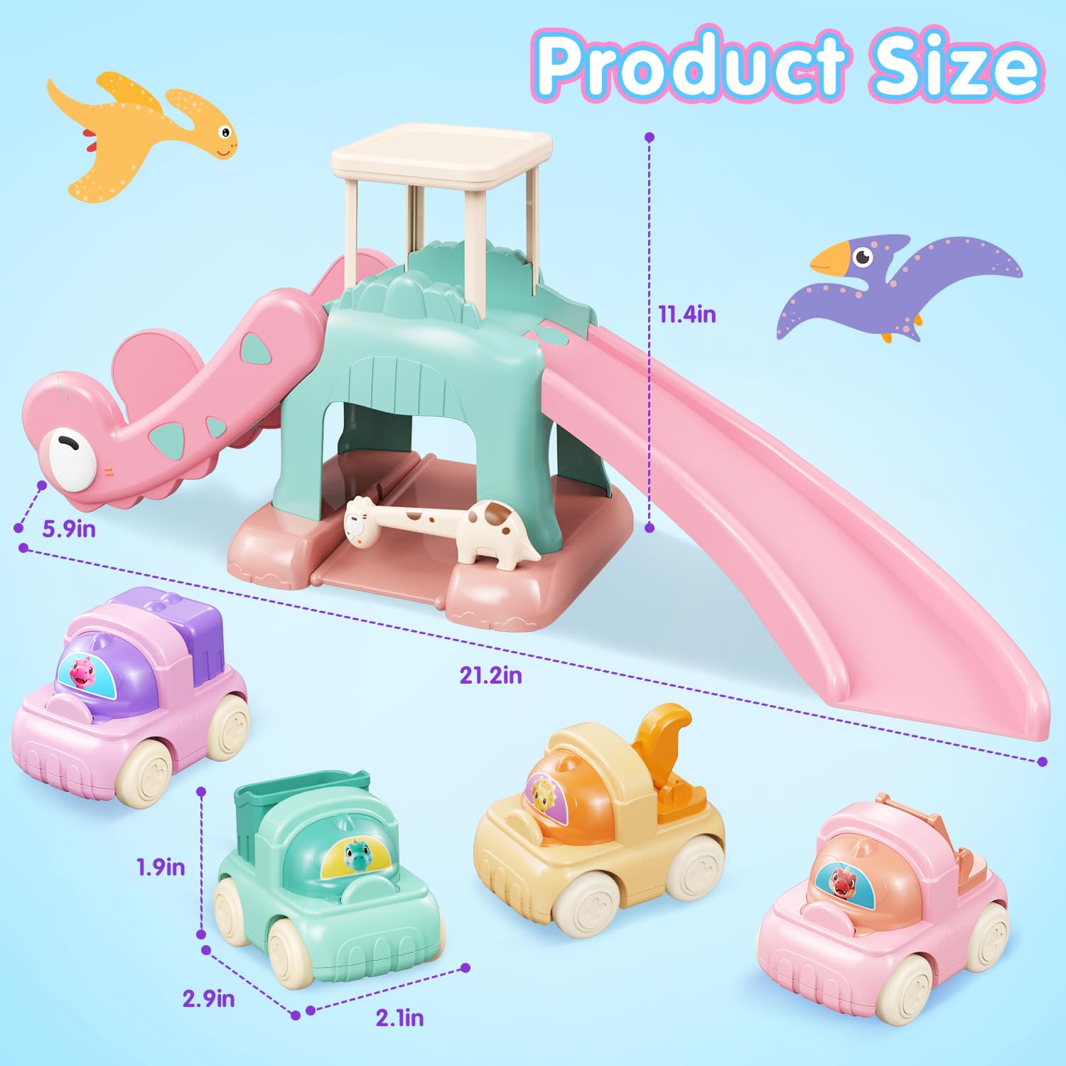 Dinosaur Slide for Toddlers 1-3, Car Ramp Race Track with 4 Push Cars, Pink