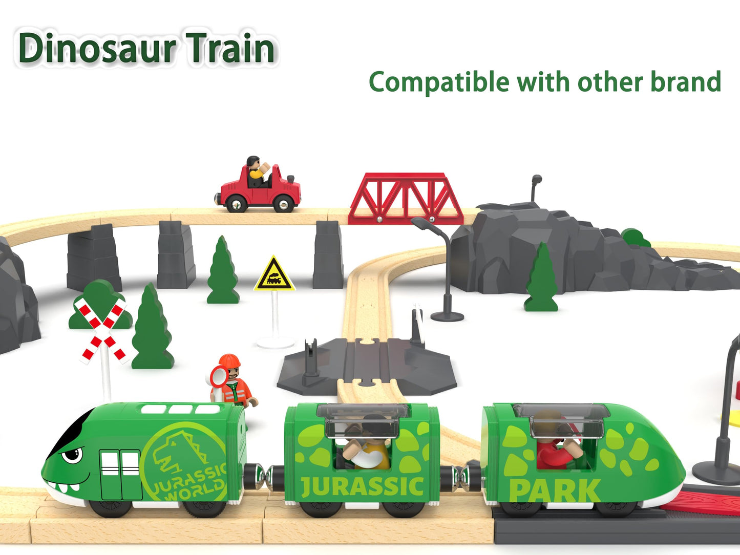 Battery Operated Bullet Train with Opening Carriages & 2 Action Figures, Jurassic Dinosaur Train for Wooden Track, Lights & Sounds, Compatible