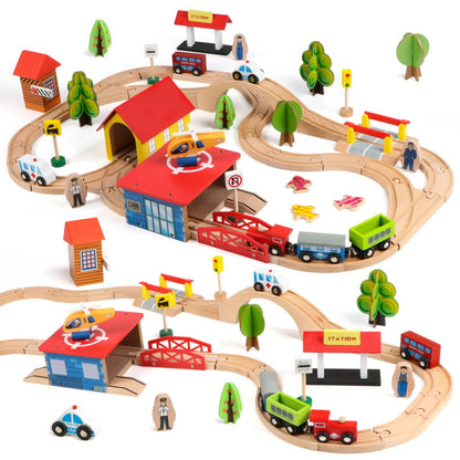 Qilay 69 PCS Wooden Train Set -Premium Wood Train Tracks & Trains Toys for Toddlers 3,4,5 Years Old, Expandable Train Toys Railway Kits for Girls