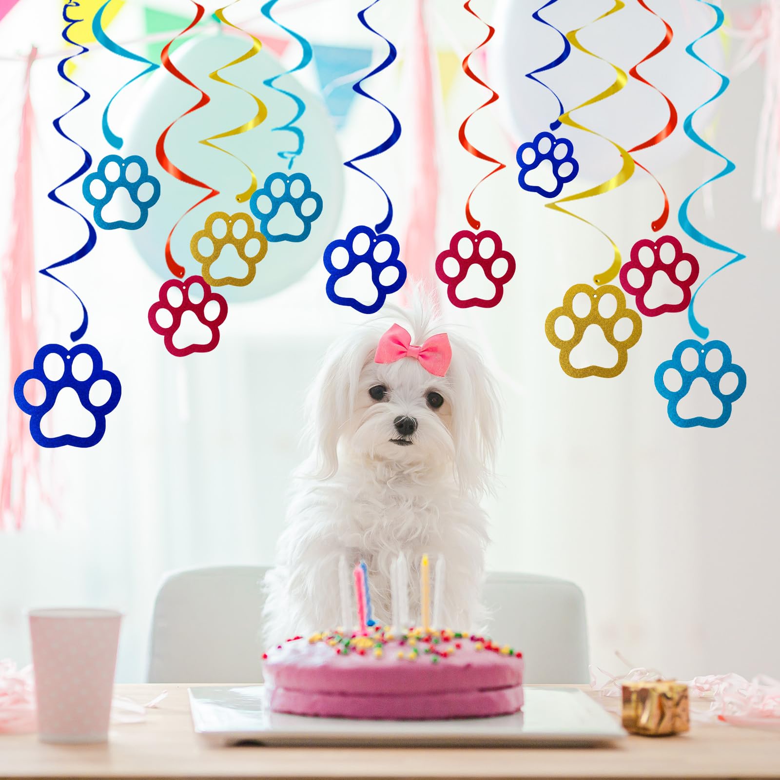 24Pcs Dog Paw Hanging Swirl Decorations Foil Spiral Party Streamers, 4 Colors Glitter Cardboard Paw Cutouts Puppy Birthday Supplies Kids Adults Pet