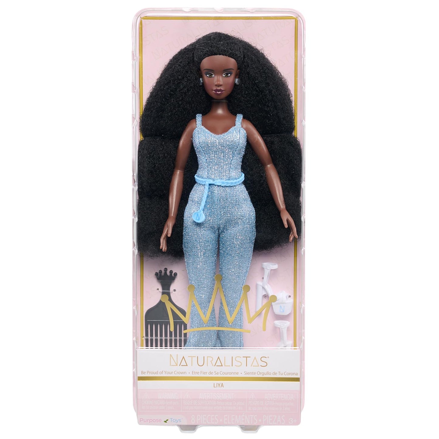 Naturalistas “Crown Collection” 11.5-inch Liya Fashion Doll and Accessories with 4C Textured Hair and Deep Brown Skin Tone by Purpose Toys