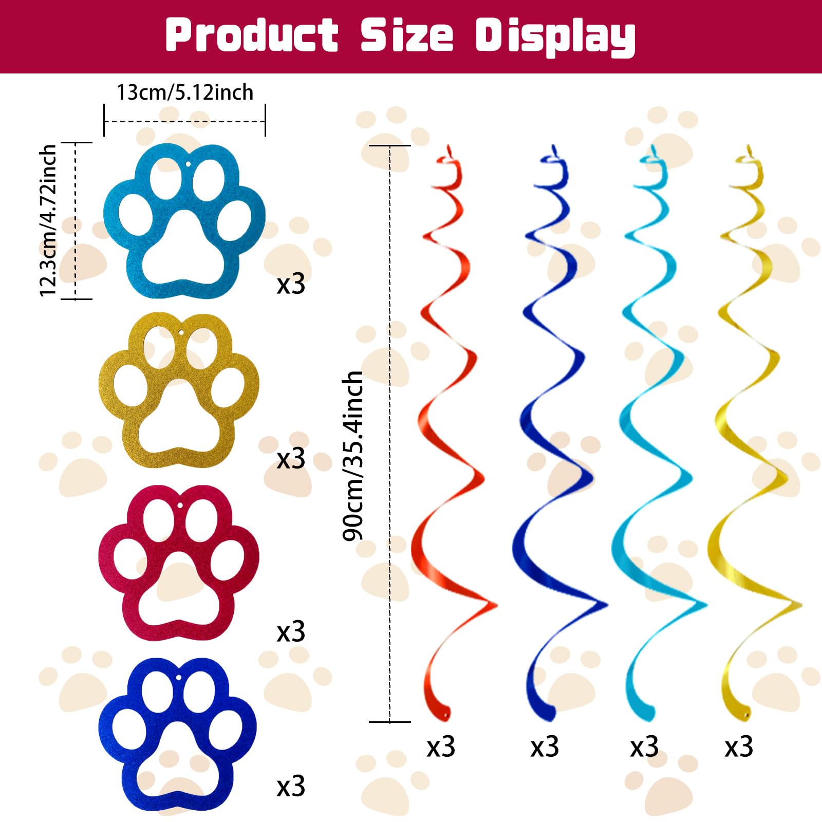 24Pcs Dog Paw Hanging Swirl Decorations Foil Spiral Party Streamers, 4 Colors Glitter Cardboard Paw Cutouts Puppy Birthday Supplies Kids Adults Pet