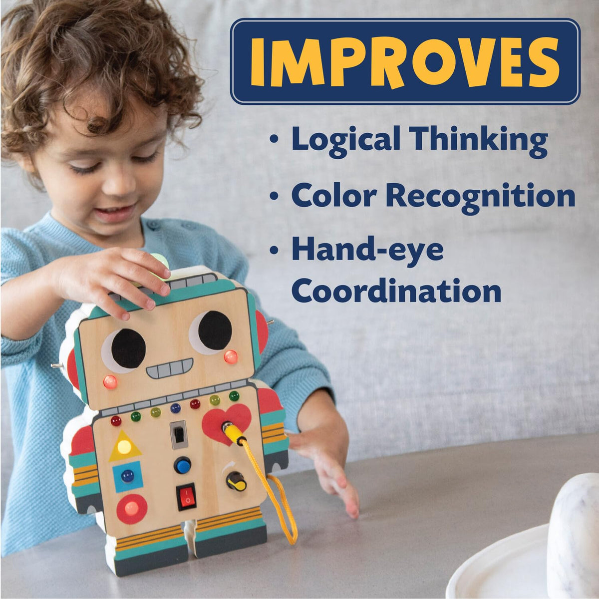 Peaceable Kingdom Blinkity Bot Light Up Busy Board for Toddlers Montessori Wooden Toy