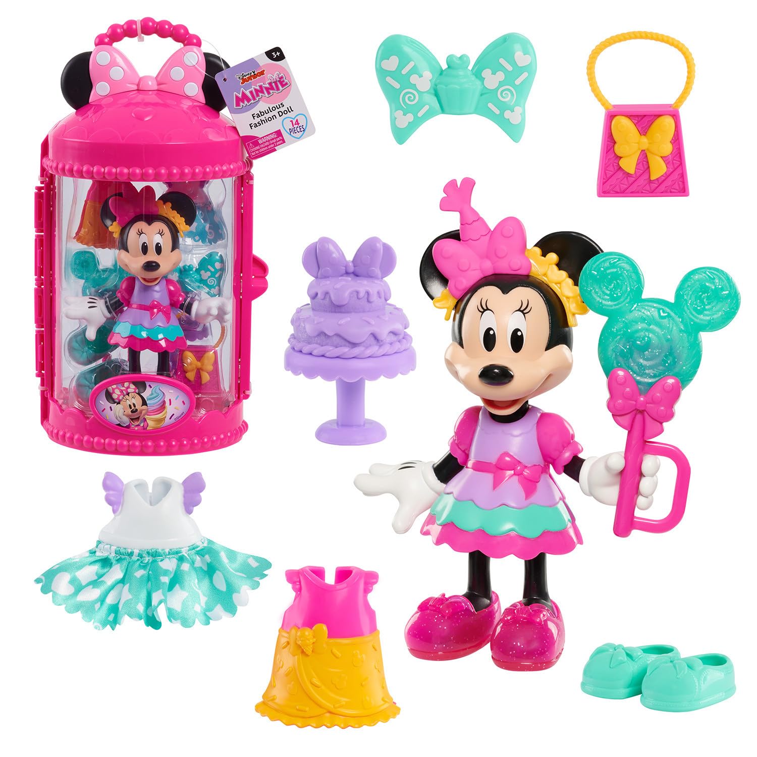 Disney Jr Minnie Mouse Fabulous Fashion 14-Piece Sweet Party Doll and Accessories, Kids Toys for Ages 3 Up by Just Play