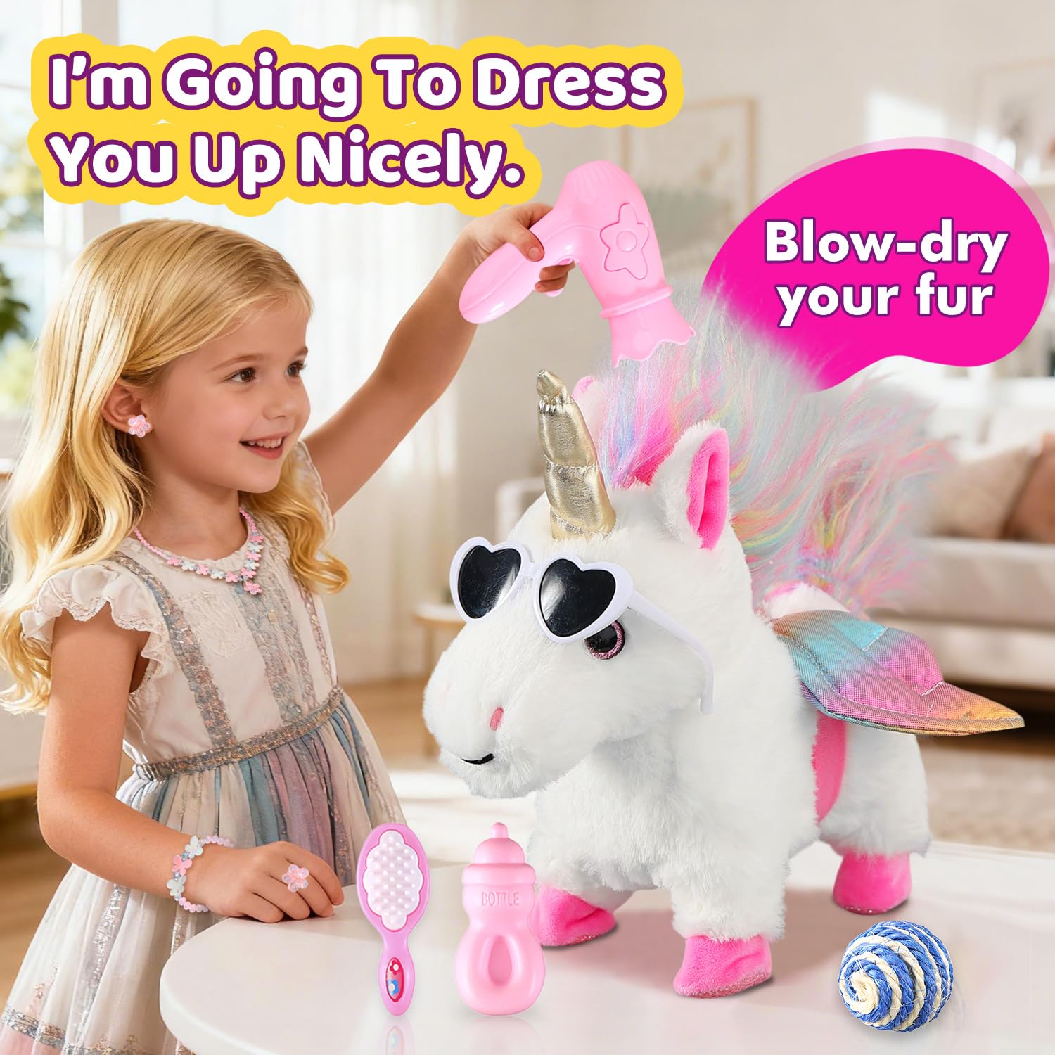 HCdoujoy White Unicorn Toys for Girls Toy Set Singing Walking Electronic Plush Unicorns with Control Leash, Pretend Dress Up Animated Stuffed Unicorn