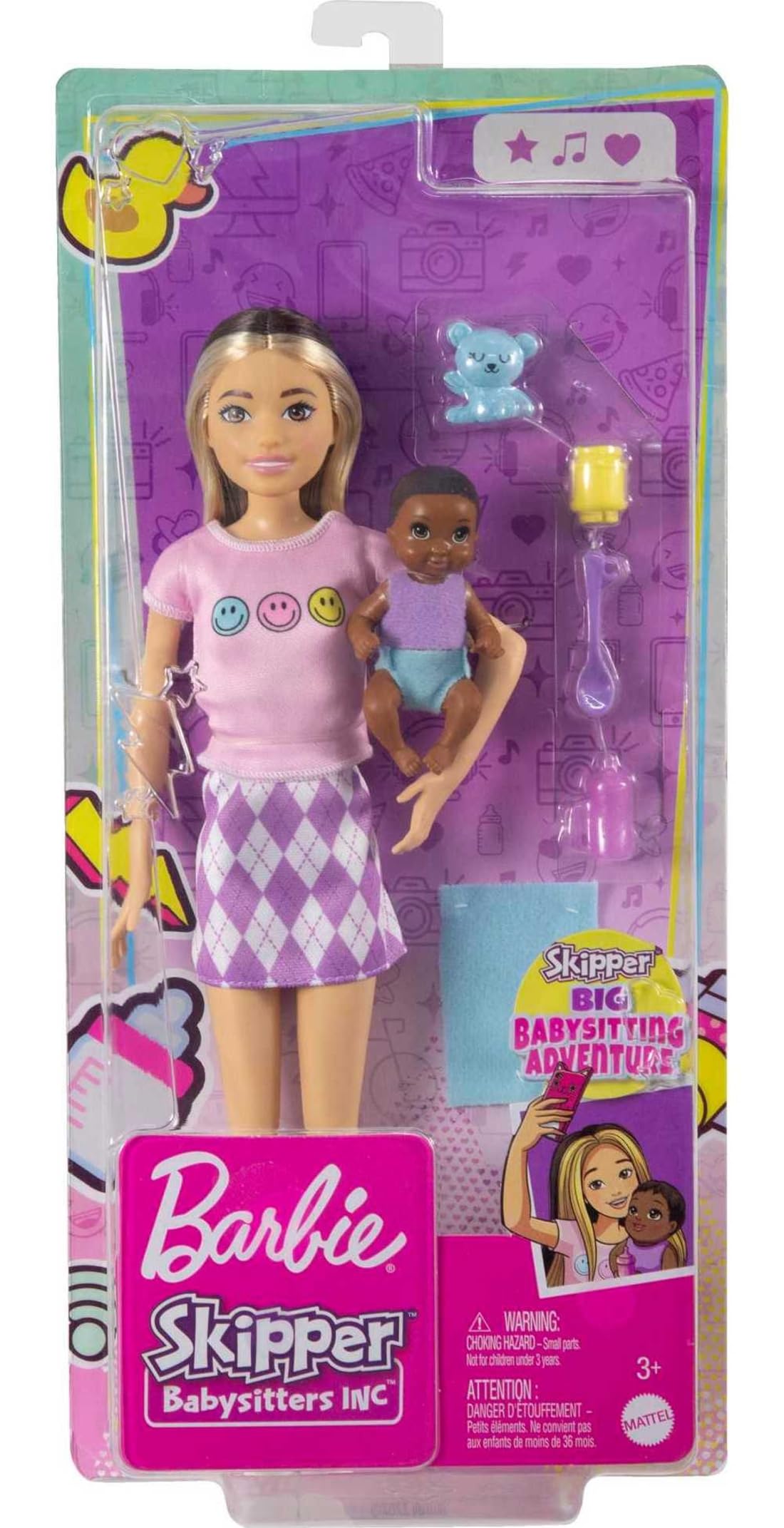 Barbie Dolls and Accessories, Skipper Doll (Two-Tone Hair) with Baby Figure and 5 Accessories, Babysitters Inc. Playset