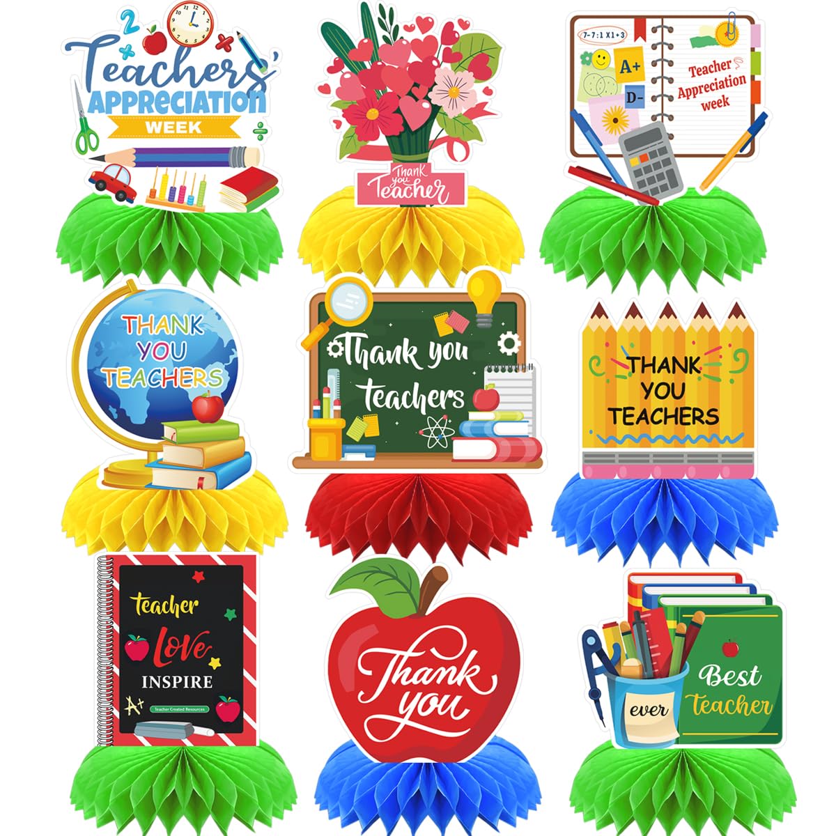 Teacher Appreciation Week Table Decorations Honeycomb Centerpieces, 9PCS Teacher Appreciation Decorations 3D Double Side Table Topper Sign Thank You