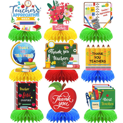Teacher Appreciation Week Table Decorations Honeycomb Centerpieces, 9PCS Teacher Appreciation Decorations 3D Double Side Table Topper Sign Thank You