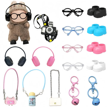 16 Pcs Doll Accessories Set Specially Designed for 15-17cm Doll Clothing, Includes 2 Headphones, 4 Glasses, Camera, Bag, Water Bottle, Console, 2