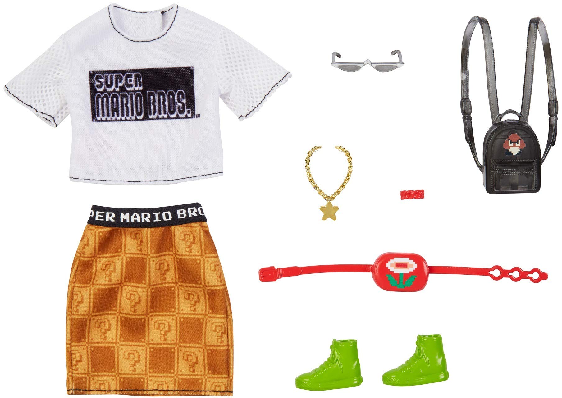 Barbie Storytelling Fashion Pack of Doll Clothes Inspired by Super Mario: Graphic Tee, Patterned Skirt & 6 Accessories Dolls, Gift for 3 to 8 Year