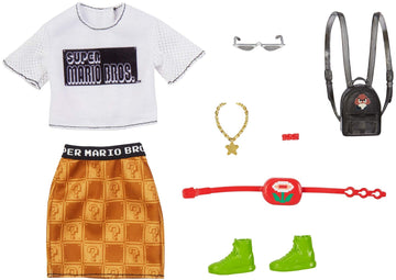 Barbie Storytelling Fashion Pack of Doll Clothes Inspired by Super Mario: Graphic Tee, Patterned Skirt & 6 Accessories Dolls, Gift for 3 to 8 Year