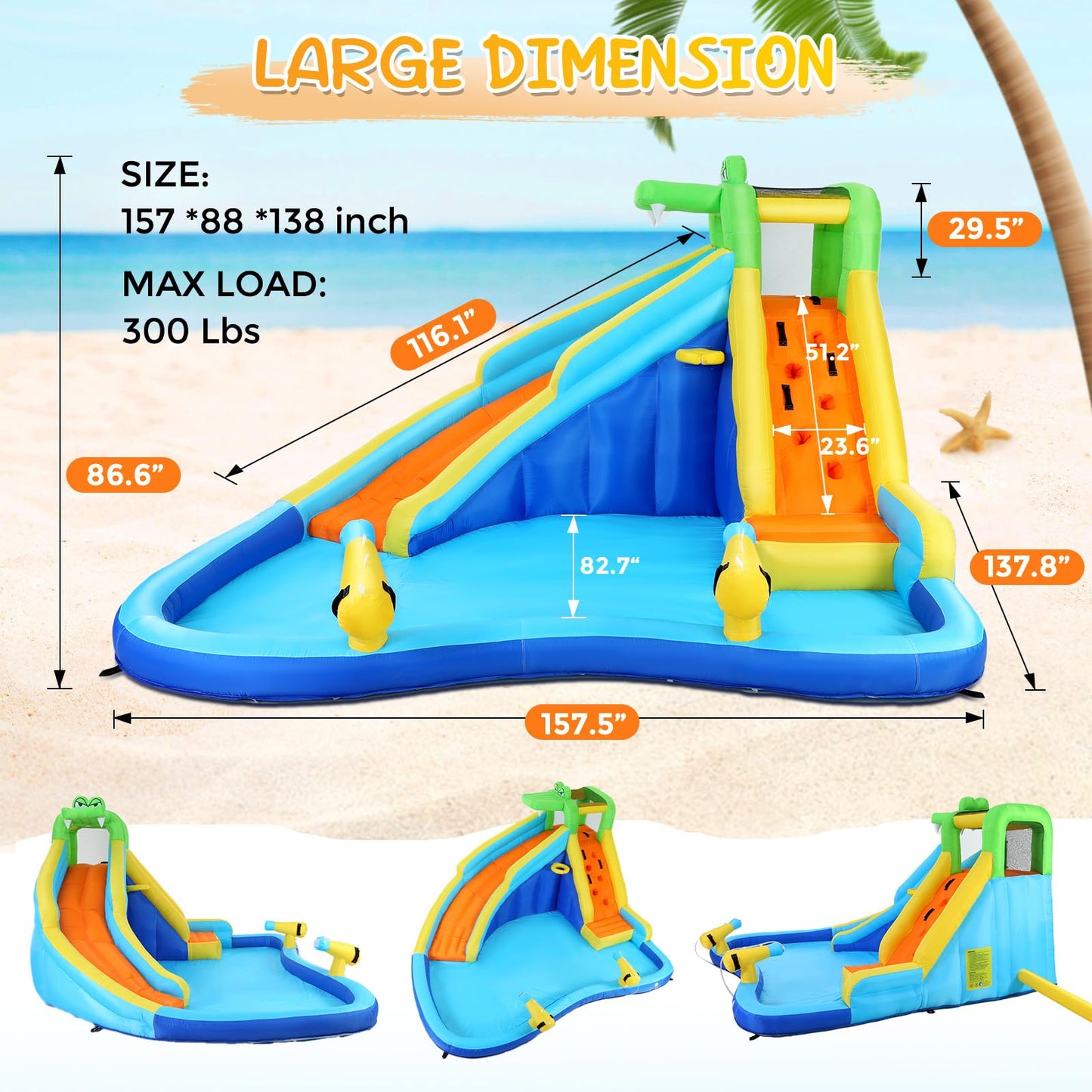 Whubefy Inflatable Water Slide, 8 in 1 Blow Up Crocodile Spray Slide 13.2 x10 Ft Water Bounce House with 2 Water Cannon, Climbing Wall, Basketball