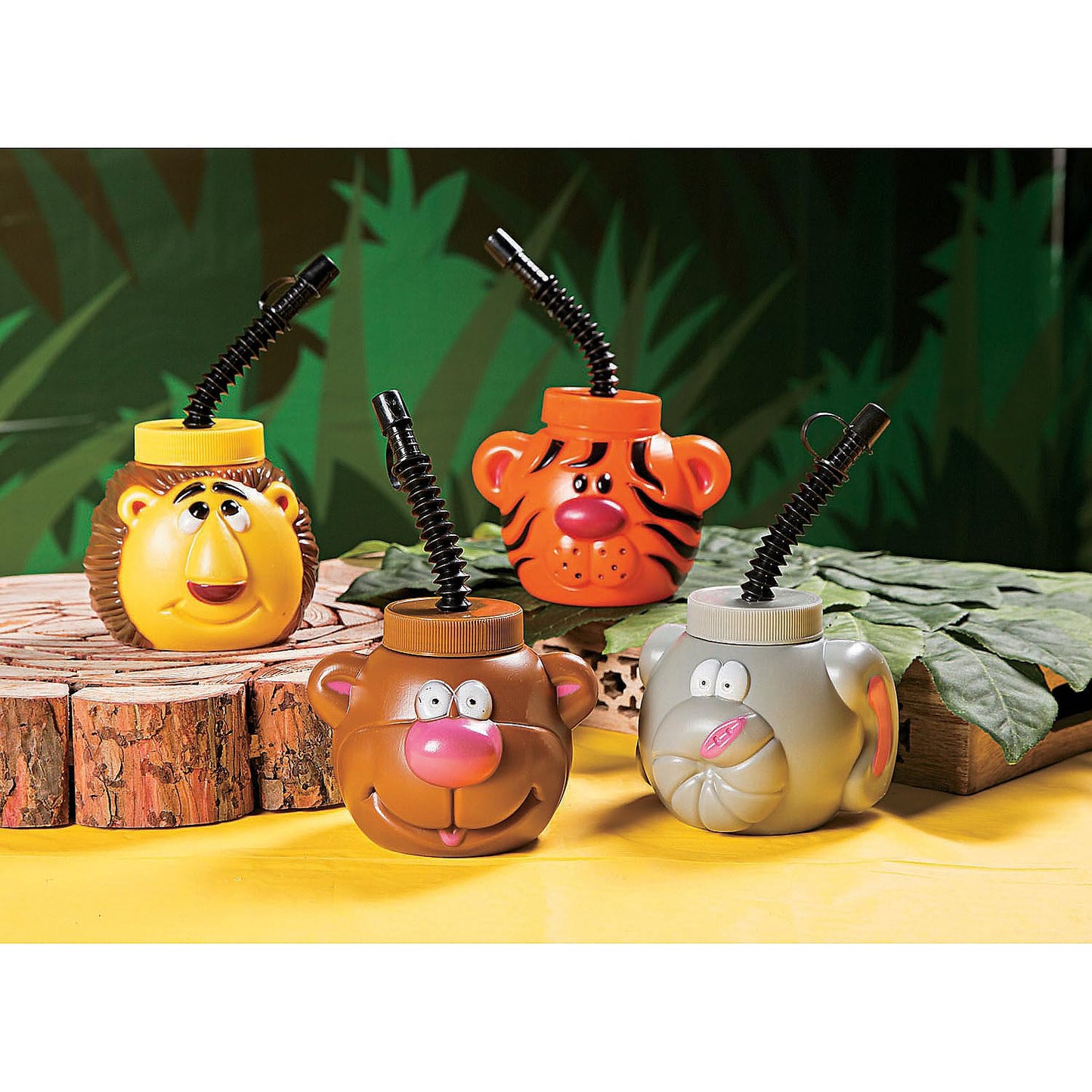 Fun Express Kids Cups with Lids and Straws 12 Pack - Safari Zoo Animal Party Supplies with Bear Lion Tiger Elephant Designs | 14 oz Plastic Cups