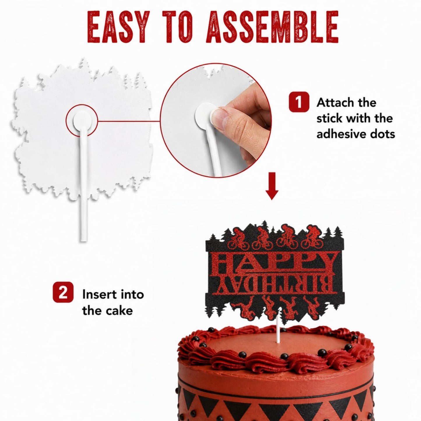 Happy Birthday Cake Topper, Glitter Black & Red Horrific Forest Birthday Cake Bunting Decor for Themed Party Favors & Decor Supplies