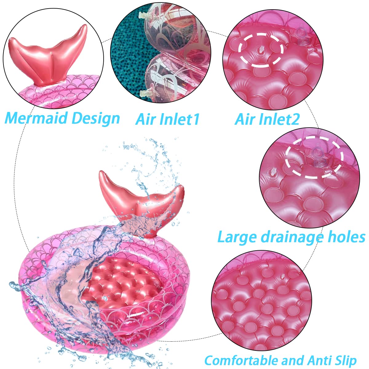 Inflatable Kiddie Pools Mermaid, Backyard Round Swimming Pool for Kids, Cute Raft Paddling Pool Indoor&Outdoor Toddler Fun Water Swim Beach Floaties