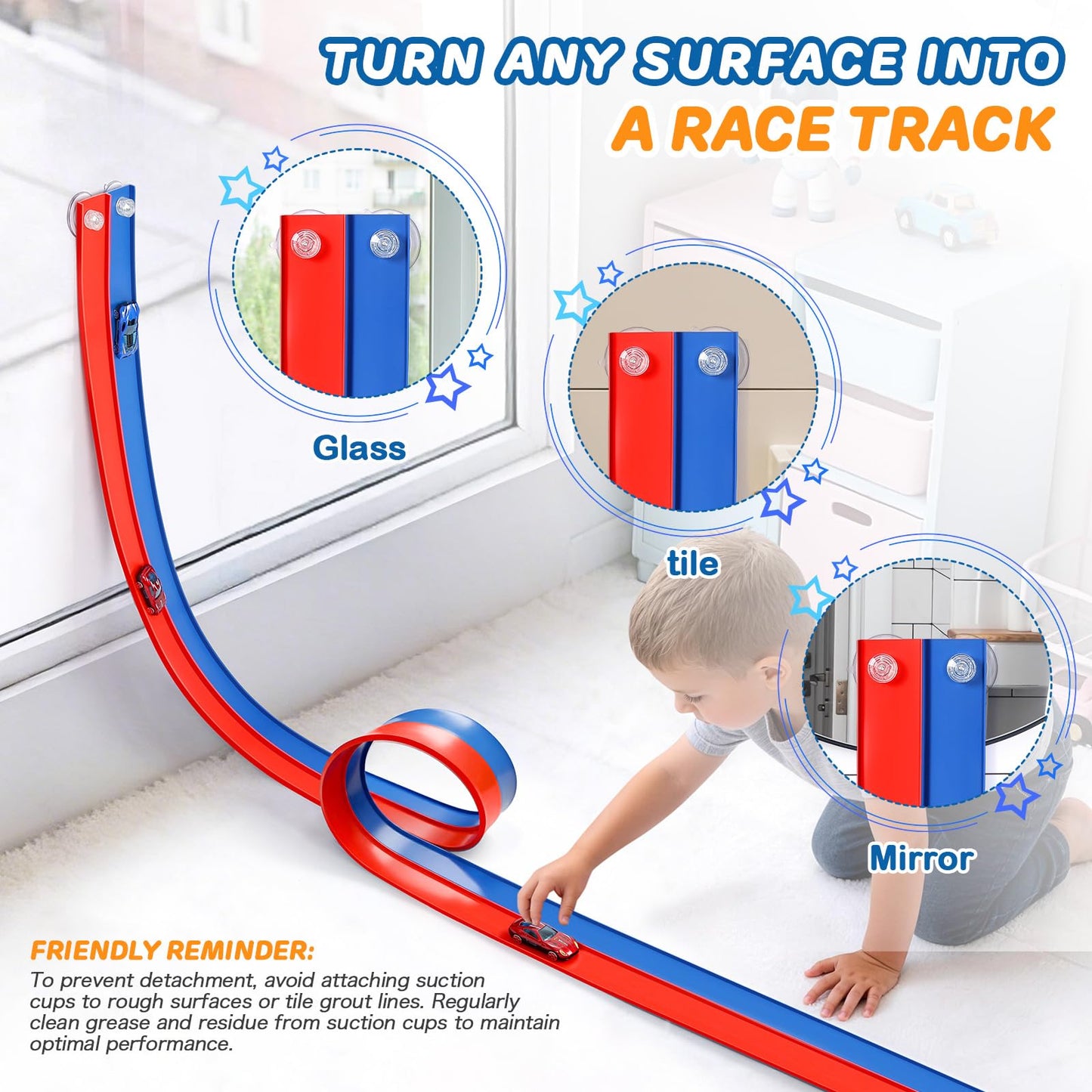 Flexible Race Car Track 6.5 Ft Starter Set with Suction Cups Diecast 1/64th Car for Ages 3 & Up Track Long Rolls Up Portable (6.5Ft Blue&Red)