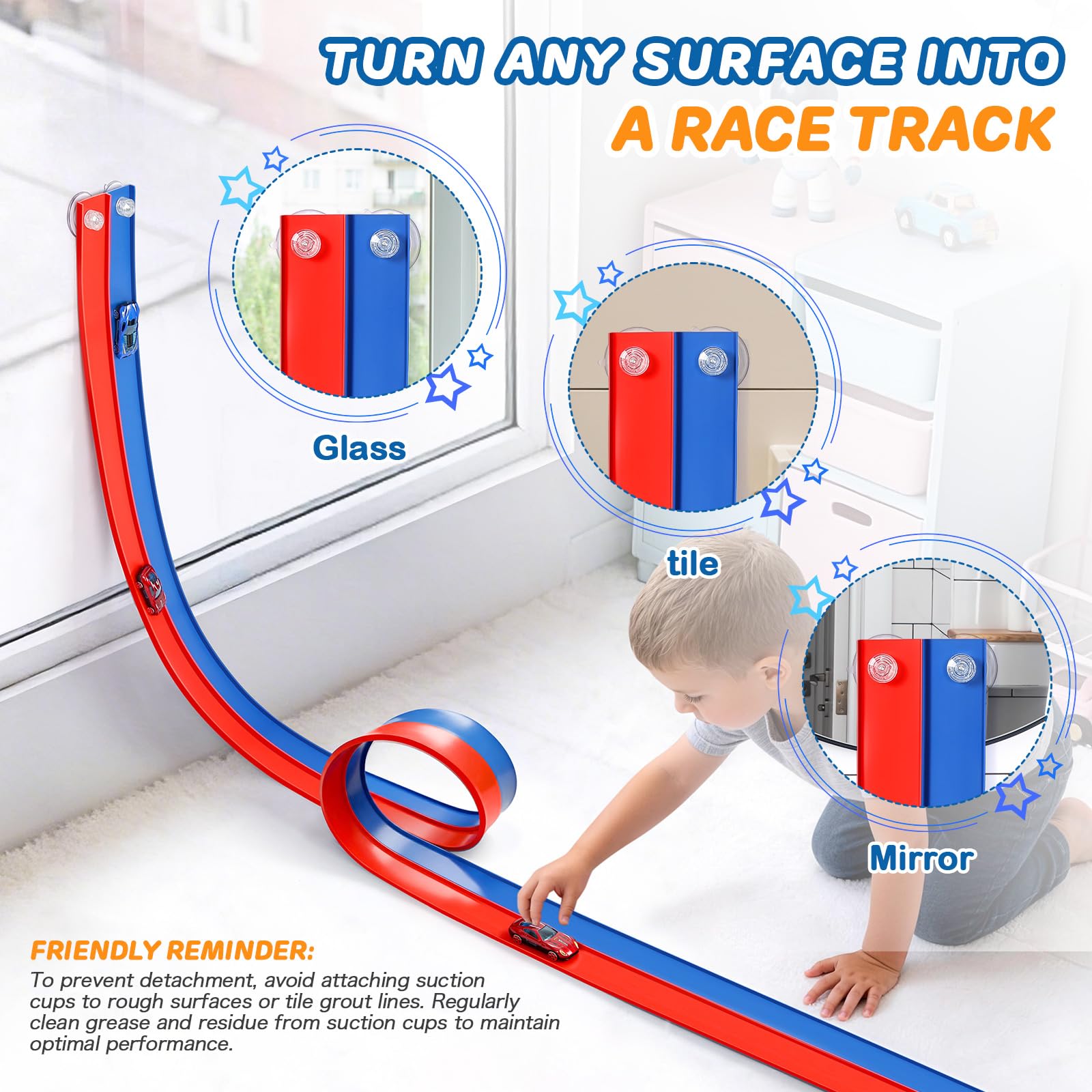Flexible Race Car Track 6.5 Ft Starter Set with Suction Cups Diecast 1/64th Car for Ages 3 & Up Track Long Rolls Up Portable (6.5Ft Blue&Red)