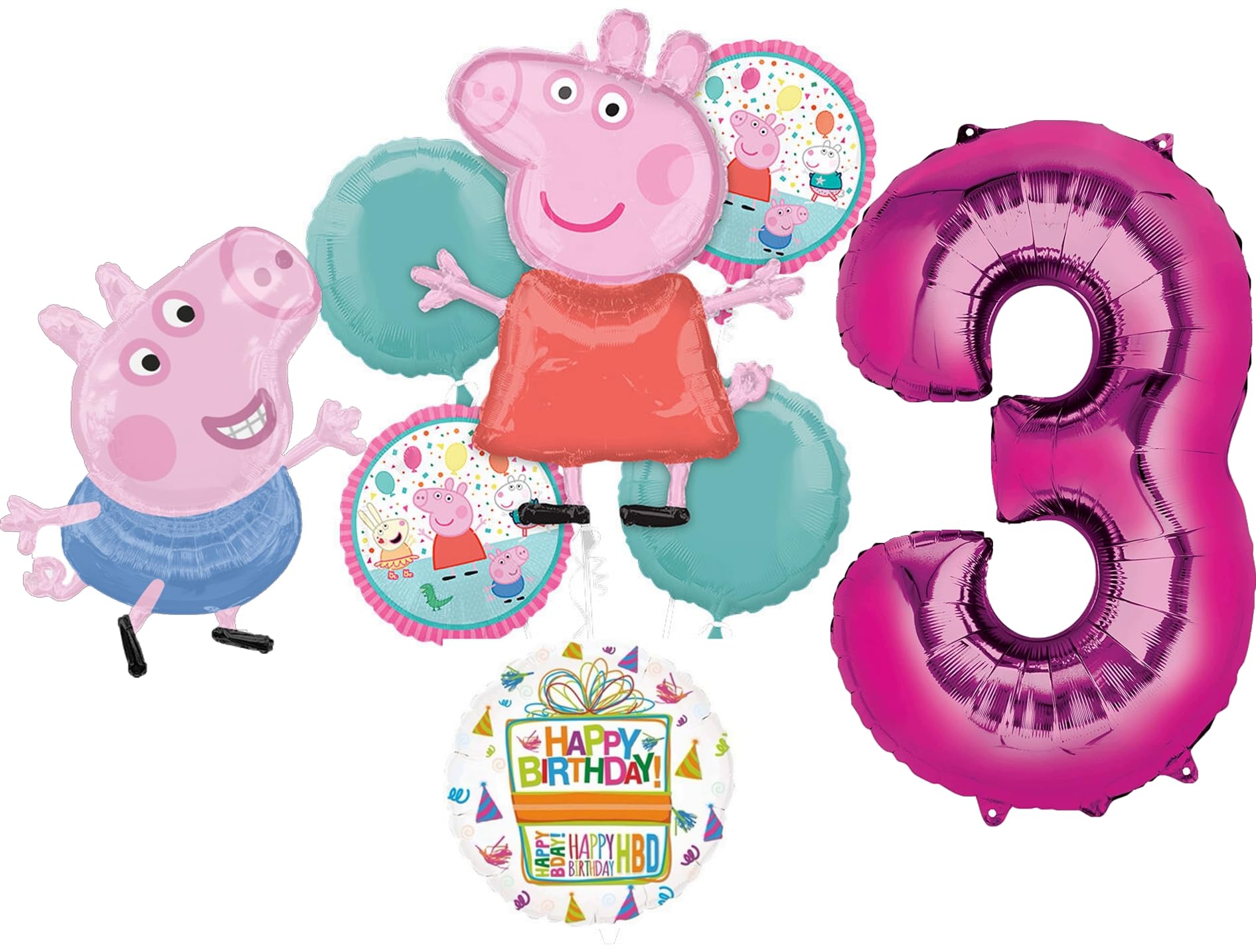 Anagram Peppa and George 3rd Birthday Party Supplies Pig Foil Balloon Bouquet Decorations, BQ_4283