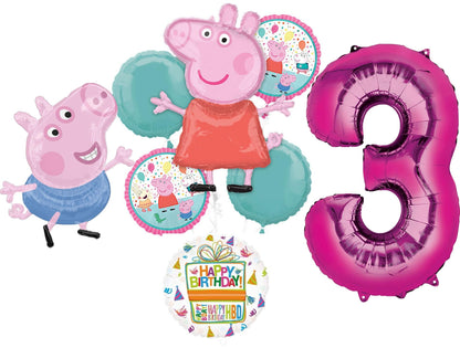Anagram Peppa and George 3rd Birthday Party Supplies Pig Foil Balloon Bouquet Decorations, BQ_4283