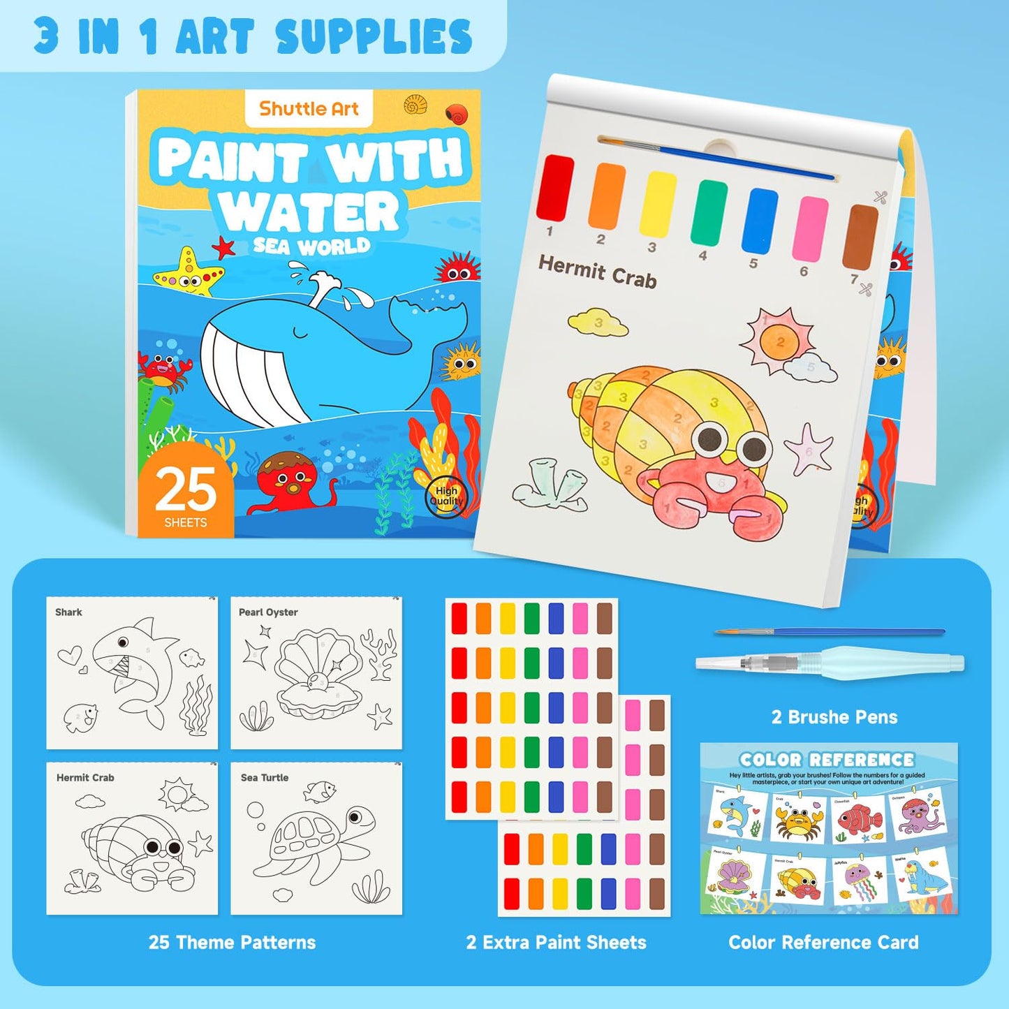 Shuttle Art Paint with Water Coloring Book for Kids, 25 Sea World Themed Pages with 2 Brushes, Mess-Free Watercolor Paint Set, Travel-Friendly Art