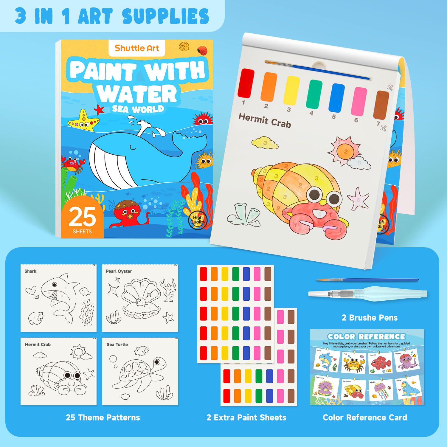 Shuttle Art Paint with Water Coloring Book for Kids, 25 Sea World Themed Pages with 2 Brushes, Mess-Free Watercolor Paint Set, Travel-Friendly Art