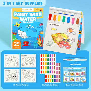 Shuttle Art Paint with Water Coloring Book for Kids, 25 Sea World Themed Pages with 2 Brushes, Mess-Free Watercolor Paint Set, Travel-Friendly Art