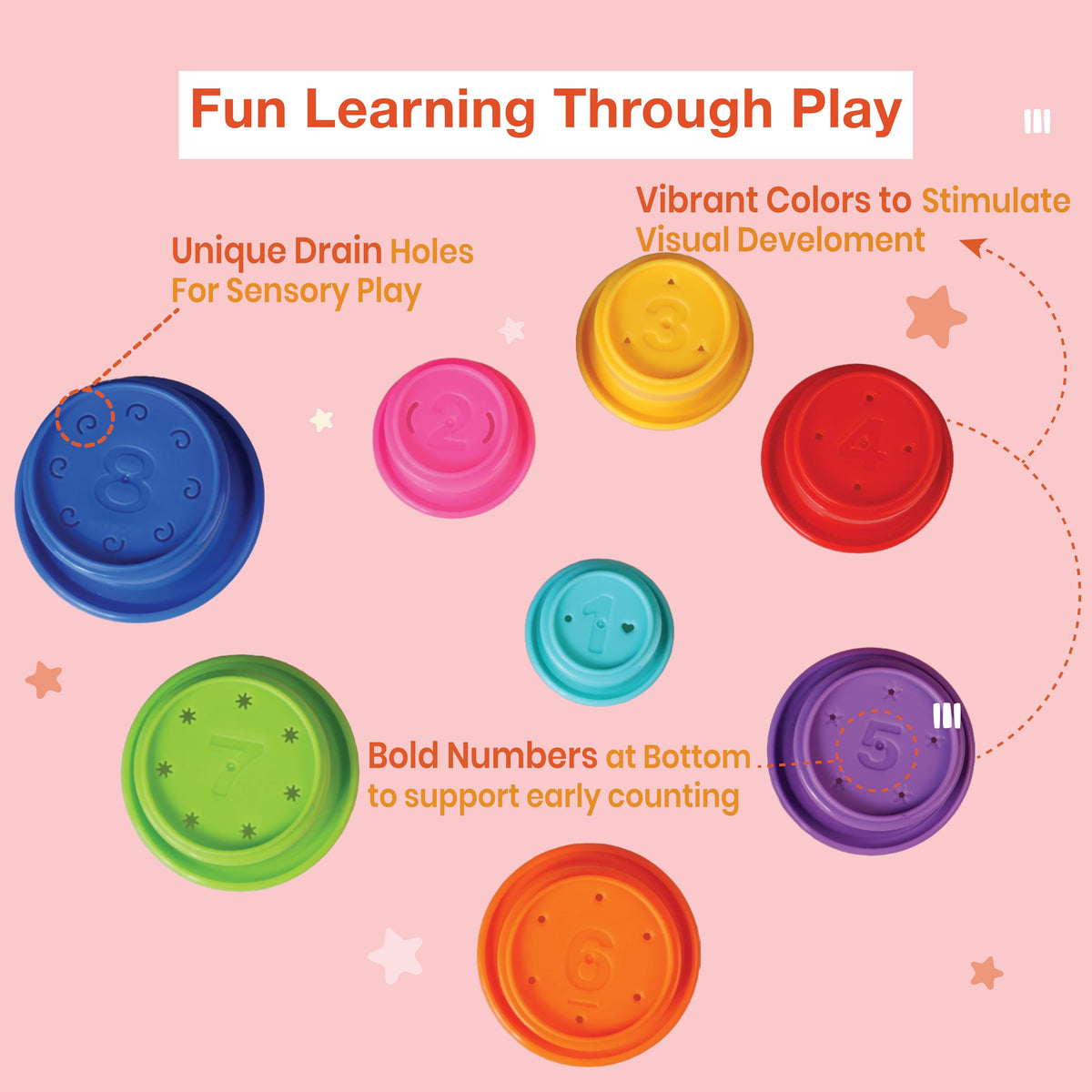 GLOWING KNIGHTS Colorful Stacking Cups for Babies and Toddlers, 8 PCS Nesting and Stackable Cups for Bath, Beach, Montessori Play, Early Learning