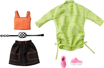 Barbie Fashions 2-Pack Clothing Set, 2 Outfits Doll Include Green Sweatshirt Dress, Sleeveless Top & Skirt & 2 Accessories