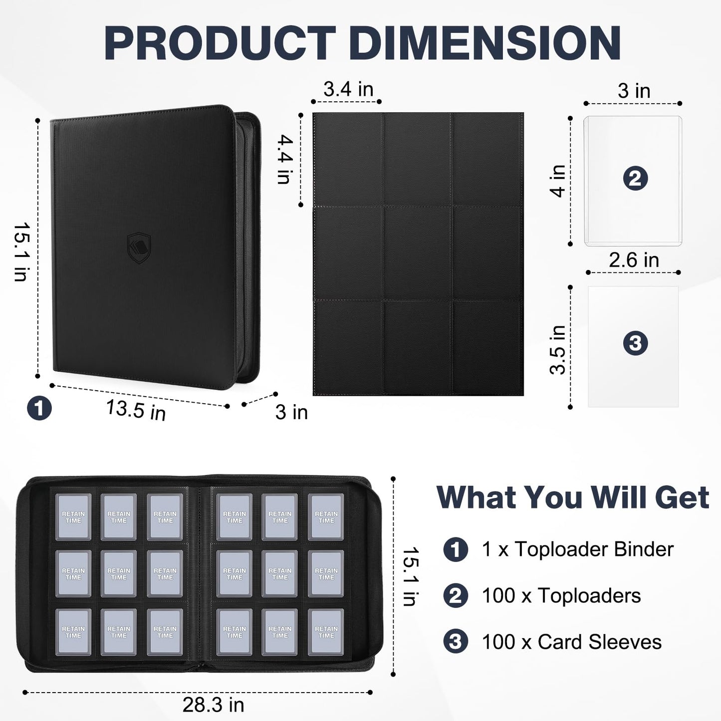 Toploader Binder, Holds 360 Toploader, 100 Toploaders INCLUDED, 9-Pocket PU Cover Top Loader Binder for 3" x 4" Rigid Toploaders, Ringless