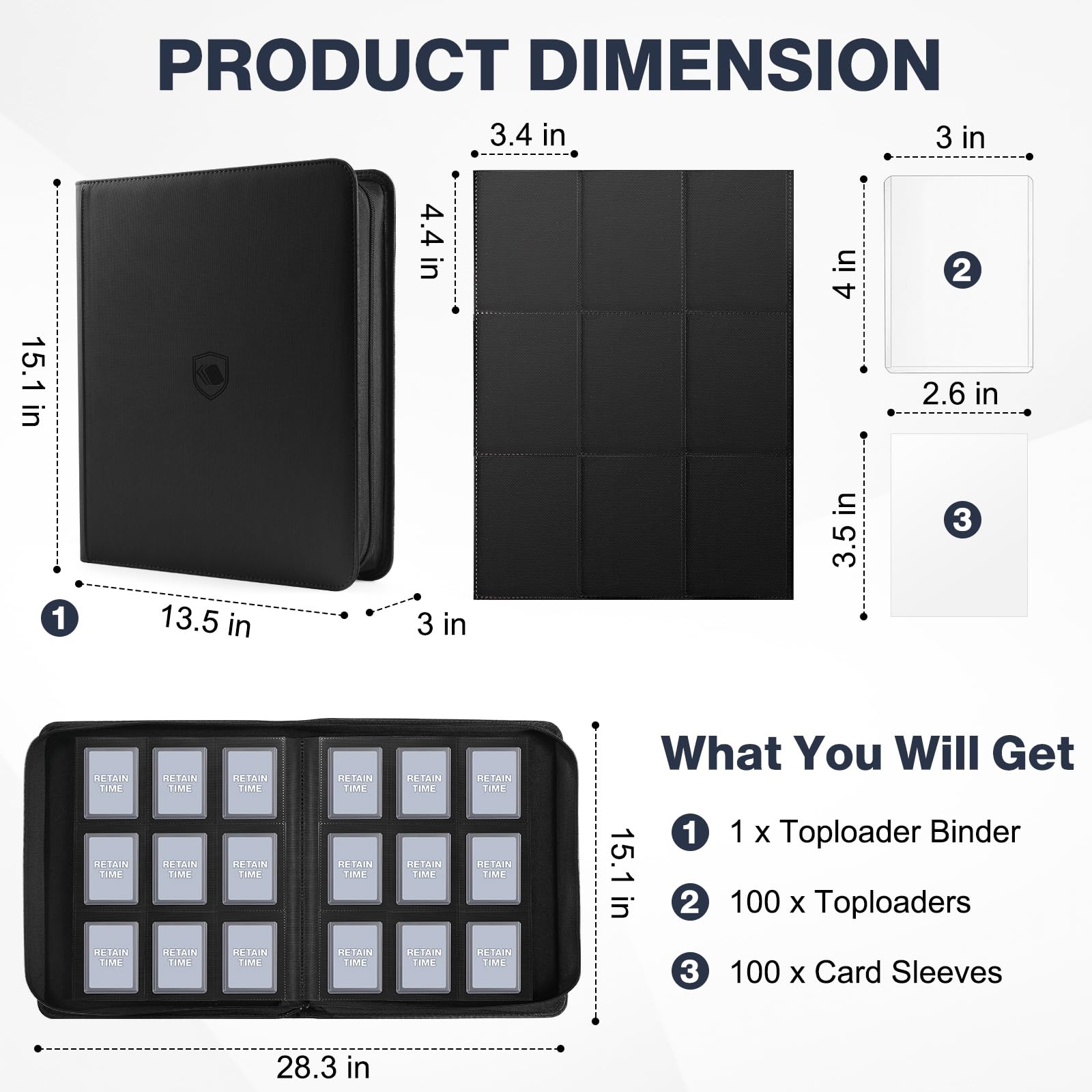 Toploader Binder, Holds 360 Toploader, 100 Toploaders INCLUDED, 9-Pocket PU Cover Top Loader Binder for 3" x 4" Rigid Toploaders, Ringless