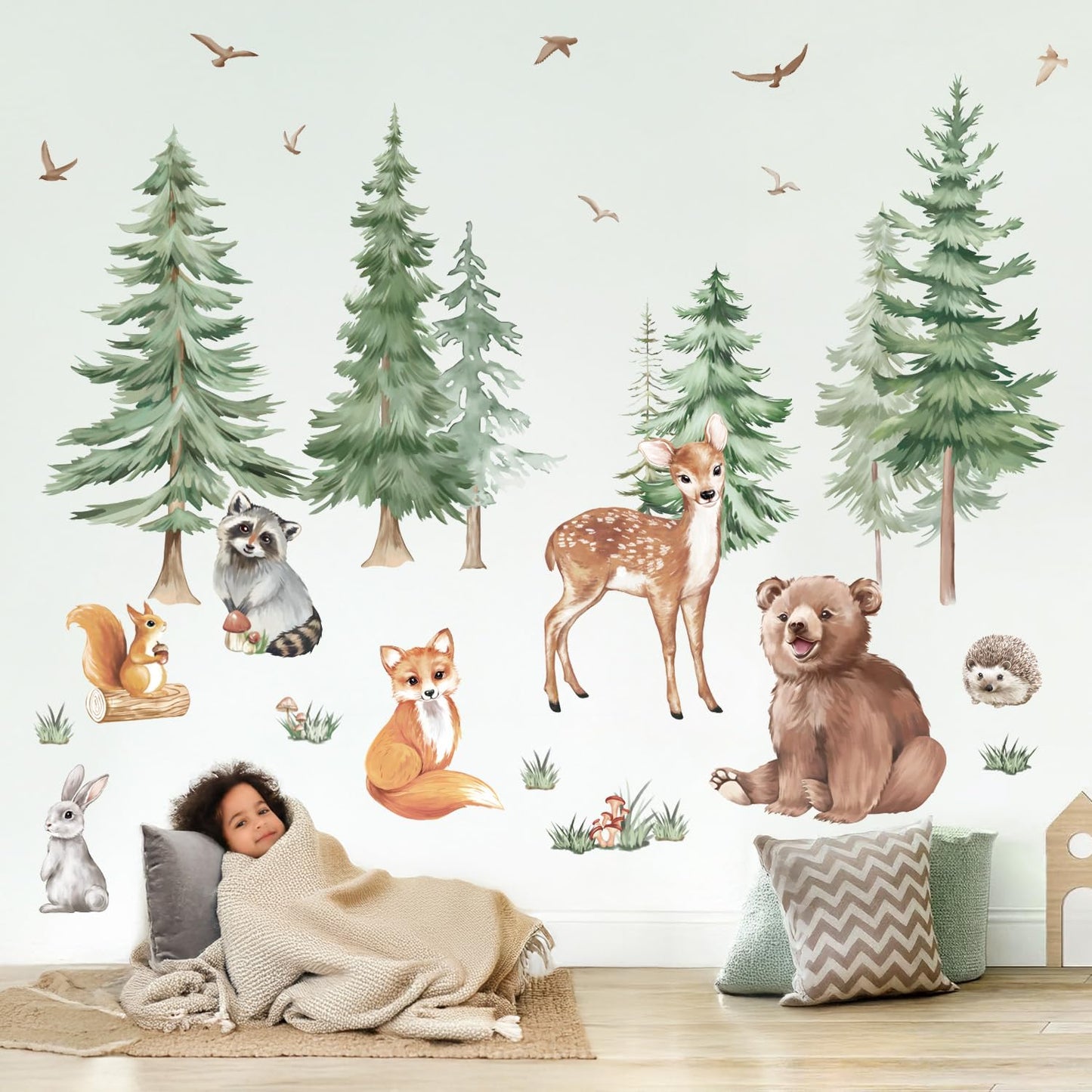 Large Mountain Tree Wall Stickers,Woodland Animal Wall Decals Include Fox,Peel,Bear for Kids Room Baby Nursery Bedroom Wall Decor