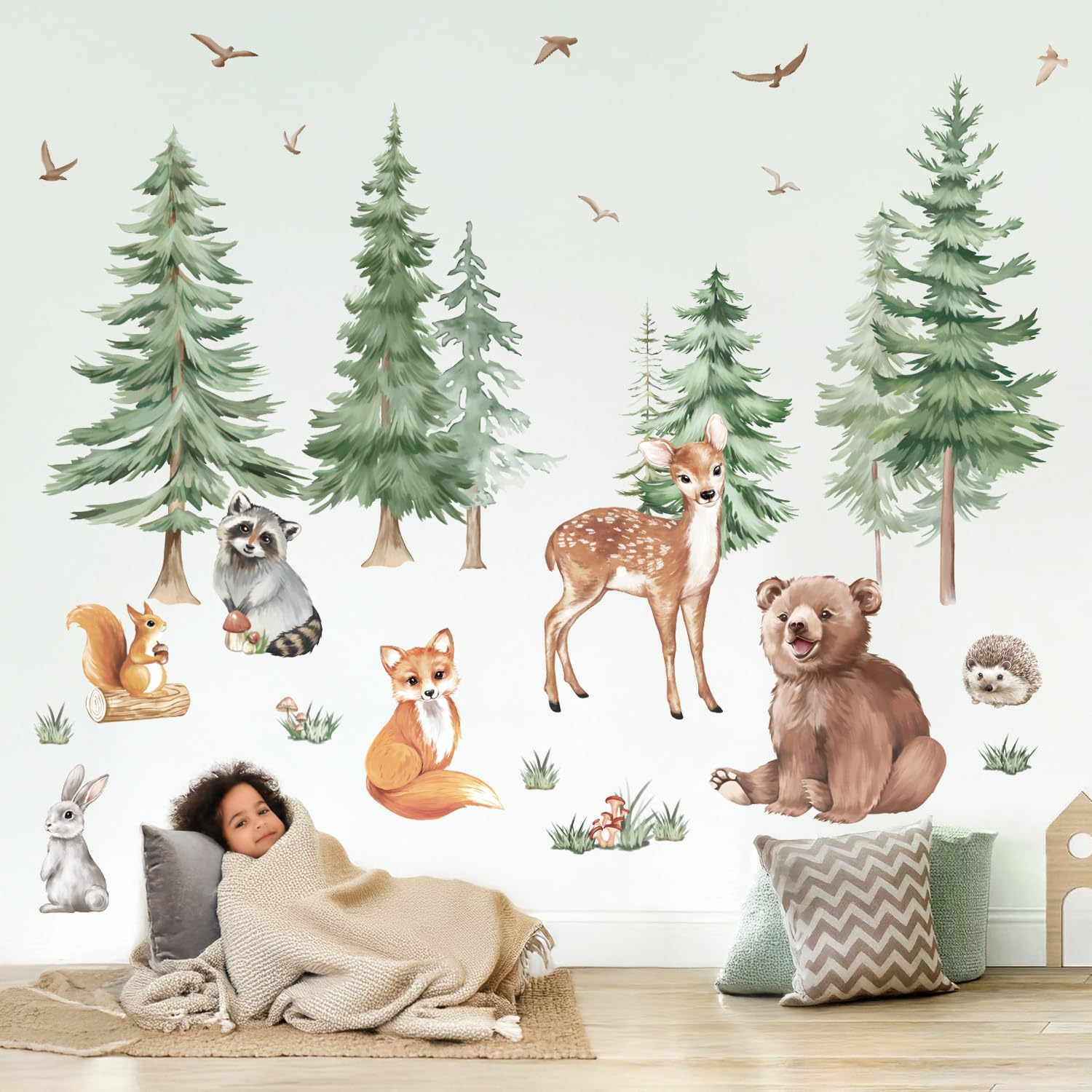 Large Mountain Tree Wall Stickers,Woodland Animal Wall Decals Include Fox,Peel,Bear for Kids Room Baby Nursery Bedroom Wall Decor