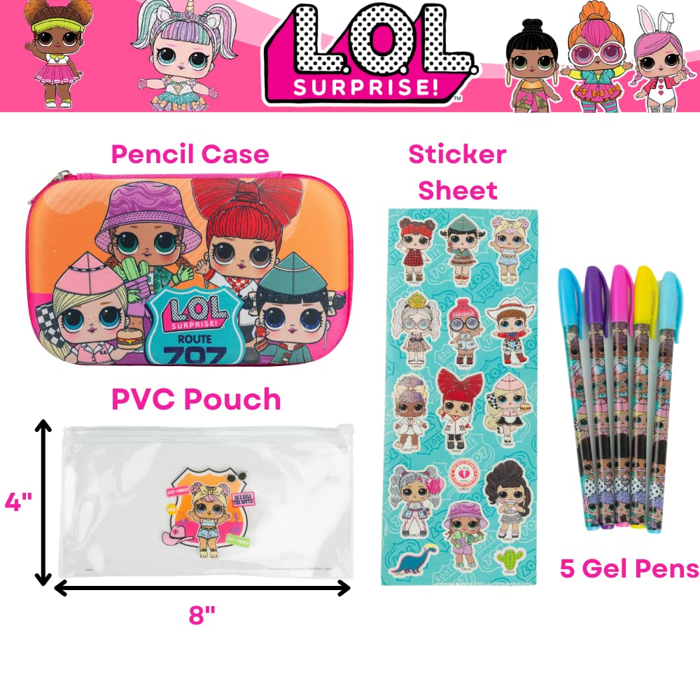 Innovative Designs LOL Surprise Dolls Pencil Case Set with LOL Stickers and Gel Pens for Girls, Molded with Zip Closure, Pink