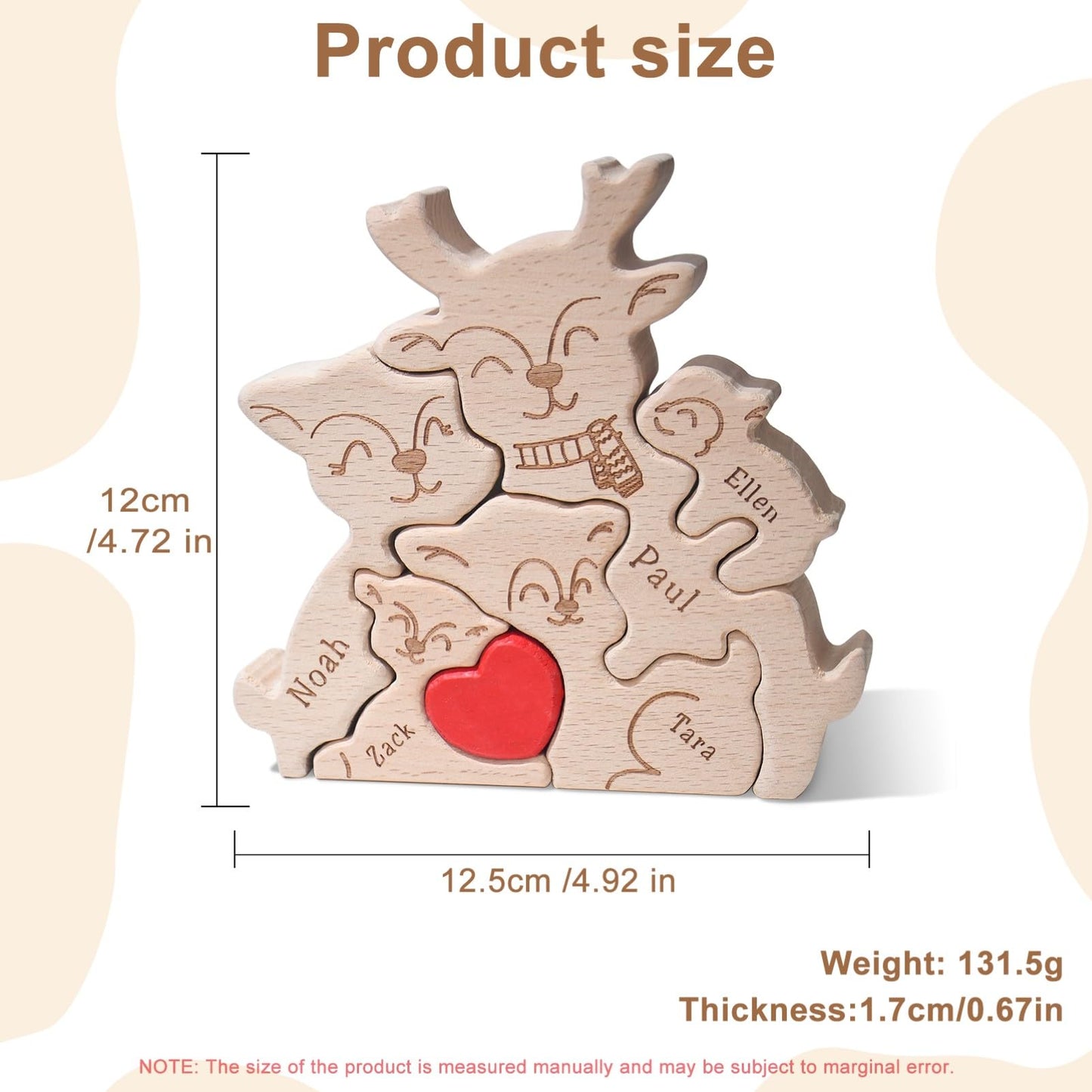 Personalized Wood Puzzles with Family Names Custom Wooden Animal Ornament for Home Decor Gifts for Mom Dad Grandparents Birthday Mother's Day